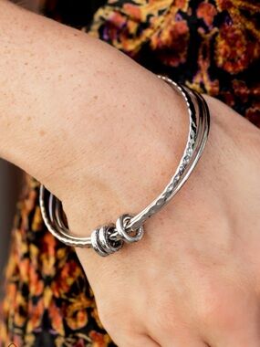 Paparazzi Silver Bangle Bracelet Set Hammered Stack Rings